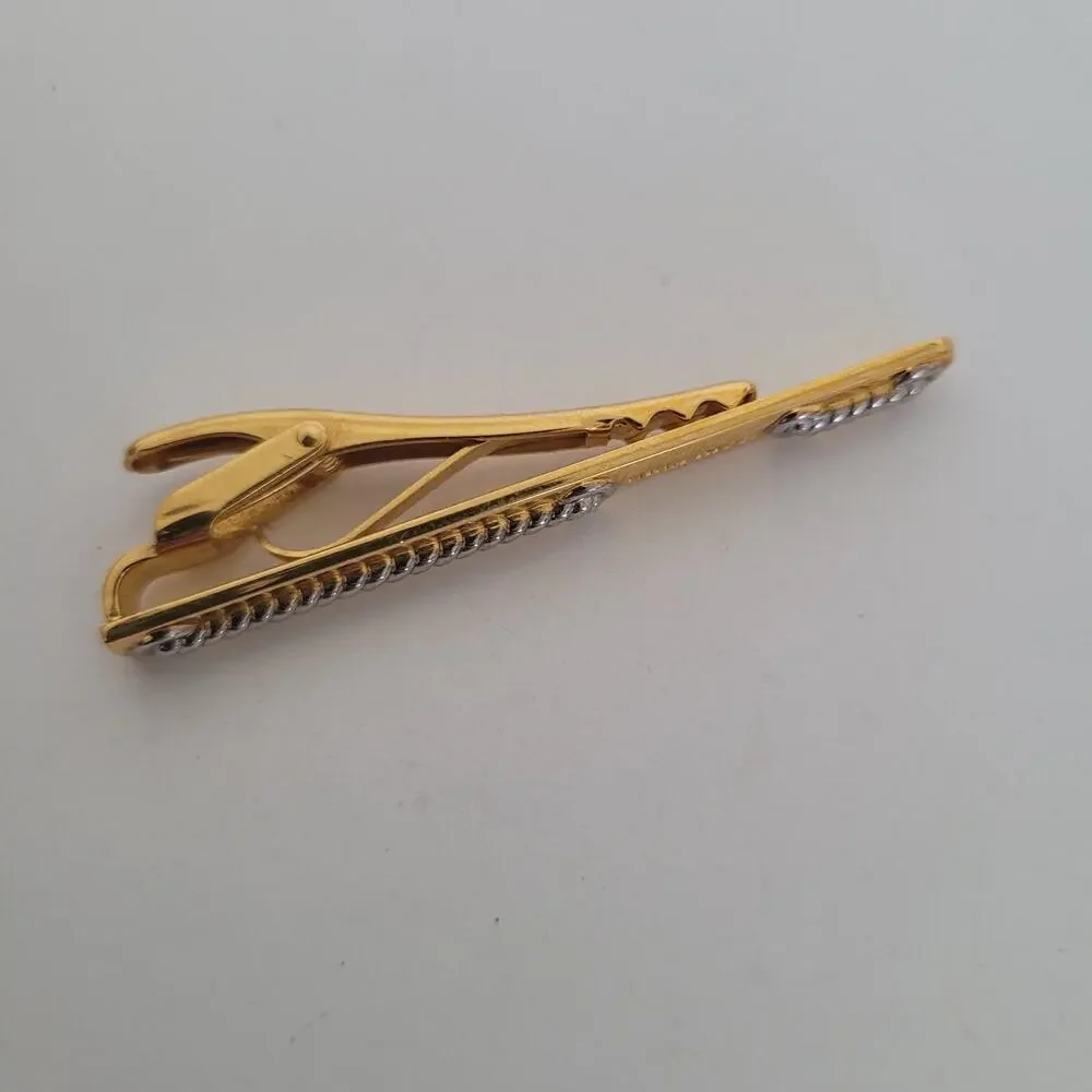 Nina Ricci Gold Silver Tone Tie Bar Clip‎ 2 Inch Logo Vintage Rope Clasp Germany